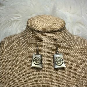 Handmade Vintage Watch Part Mother Of Pearl Dangle Earrings by UP SCALE TIME -
